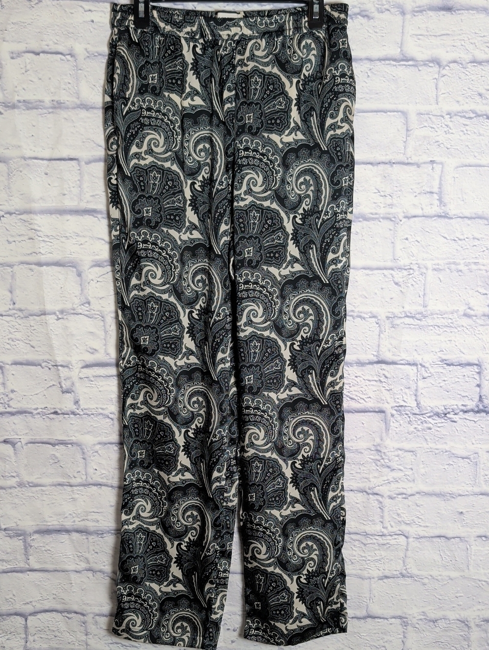 J. Crew Black & Cream Paisley Straight-Leg Pull-On Pants - Size 4 Tall - Picture 5 of 11